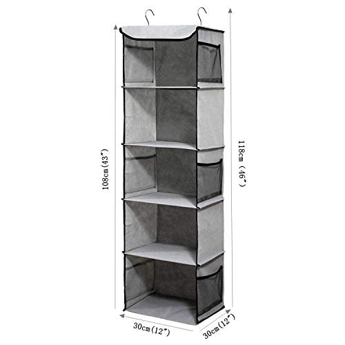 BrilliantJo Hanging Storage with 5 Shelves Wardrobe Closet Organiser, Storage Shelves Unit with 6 Pockets for Clothes - Grey(30 x 30 x 108cm) Gray