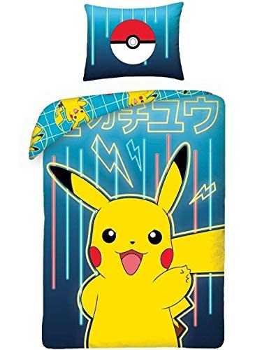 Halantex Bed Linen Set Pokemon Picachu Yellow Blue, 2 Pieces Set. 140x200 cm + 1 Pillowcase. 100% Cotton Oeko-Tex Single Bed Multicoloured