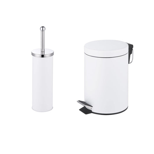 iTrend 3L Pedal Dustbin and Toilet Brush with Holder set - Bathroom Accessory - Powder Coated Steel Bin with lid - Toilet Brush with Stainless Steel Handle, Round Lid and Dense Bristles - White White Bin+brush