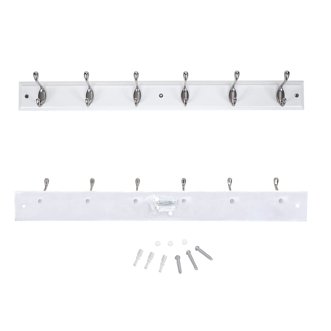 DOKEHOM 6-Satin Nickel Hooks on White Wooden Board Wall Mounted Coat Hook Rack Hanger 6-hooks