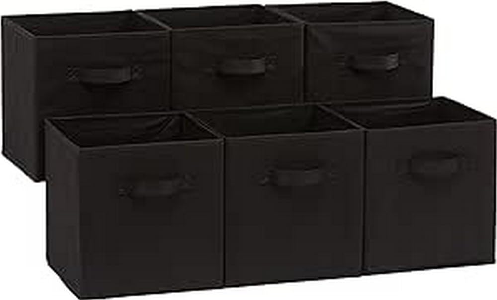 Amazon Basics Collapsible Fabric Storage Cube/Organiser with Handles, Pack of 6, Solid Black, 26.6 x 26.6 x 27.9 cm