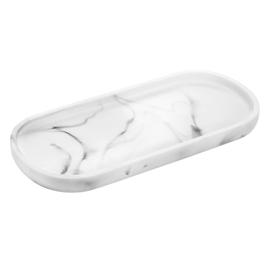 Luxspire Bathroom Vanity Tray, Toilet Tank Oval Storage Tray, Resin Handmade Bathroom Bathtub Kitchen Dresser Countertop Organizer for Soap Shampoo Candles Towel Plant Jewelry Ring Dish - White Marble S Marble White