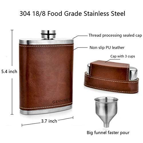 GENNISSY 8oz Hip Flask with Funnel - Stainless Steel with Leather Wrapped Cover and 100% Leak Proof Brown