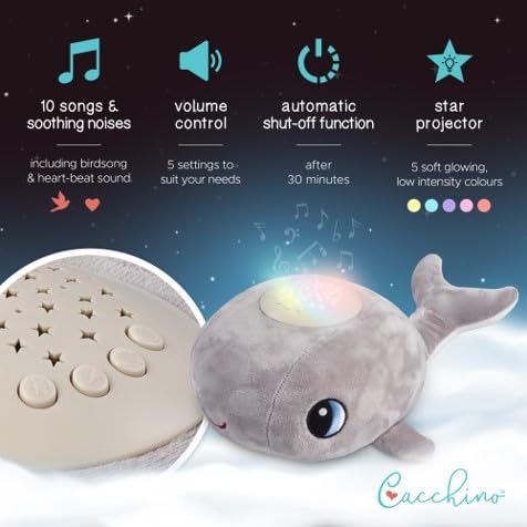 Cacchino’s Ben Baby Sleep Soother and Aid with Musical Baby Night Light Star Projector with Nursery Rhymes and Soothing Sounds, Heartbeat. The Soft Plush Whale is an Ideal Baby Gift. Grey