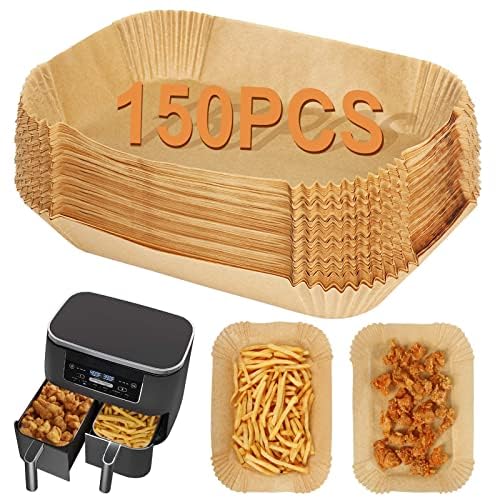 BYKITCHEN 150 PCS Air Fryer Liners for Ninja Dual, Air Fryer Accessories for AF300UK/AF400UK, Rectangle Parchment Paper for Ninja Foodi,Tower, Salter and Other 7.6L to 9.5L Dual Zone Air Fryer 150pcs Brown