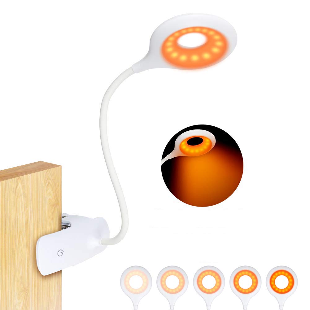 Clip On Reading Light for Bed Headboard, Rechargeable 16 LED Amber Book Light, 5 Brightness Desk Light Clamp Lamp, Touch Control Dimmable Reading Lamp with Flexible Neck, Night Light White