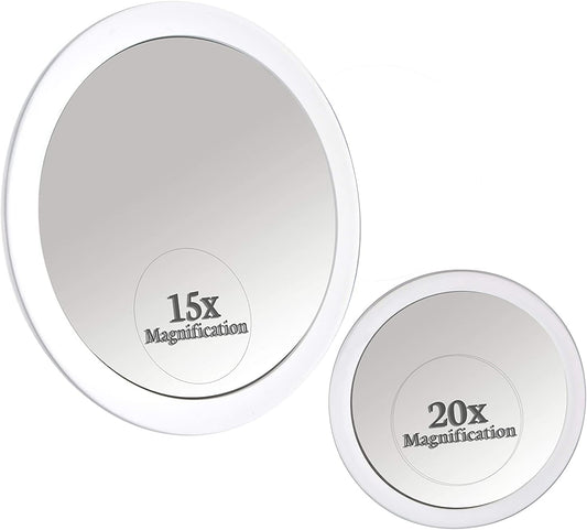 20X & 15X Magnifying Mirror Combo Set with 3 Stick On Suction Cups For Makeup and Tweezing Eyebrows - Compact Handheld Design & Travel Ready - Extremely Strong X20 Zoom - 15cm & Small 10cm Diameter Glass (20X & 15X)