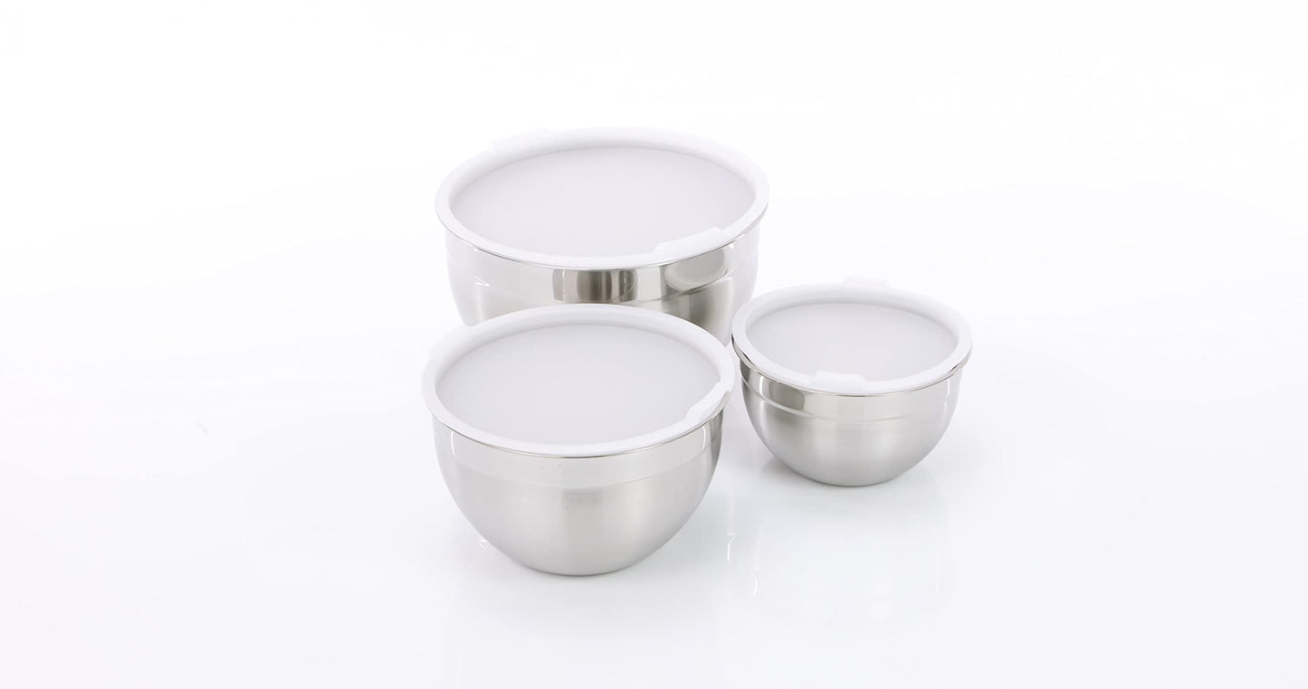 Amazon Basics Stainless Steel 3-Piece Round Mixing Bowl Set, Silver & White