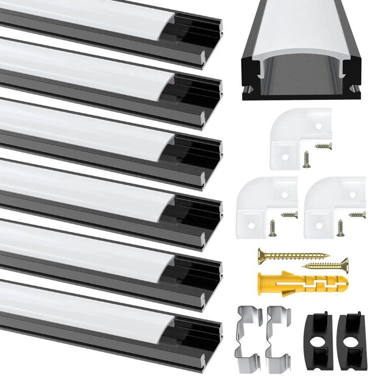 LED Strip Diffuser, LED Aluminum Channel Black U-Shape LED Aluminum Profile with Milky White Cover, End Caps and Mounting Clips Aluminum Extrusion 90 Degrees Connectors for LED Strip Lights 6pcs-u-shape-black+milkywhite