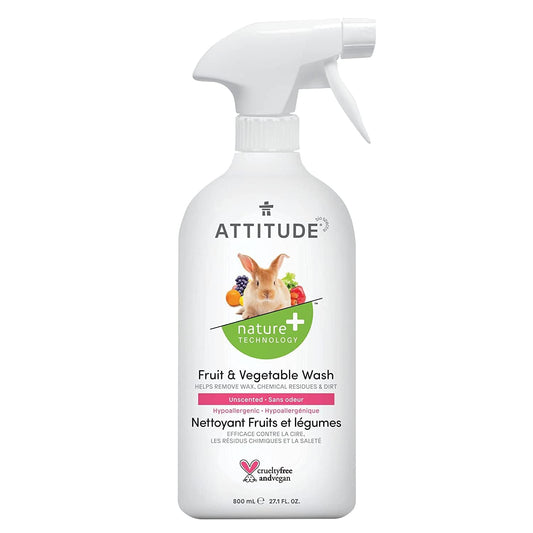 ATTITUDE Fruit and Vegetable Wash, Removes Wax, Dirt and Impurities, Plant- and Mineral-Based Formula, Vegan and Cruelty-free, Unscented, 800 mL