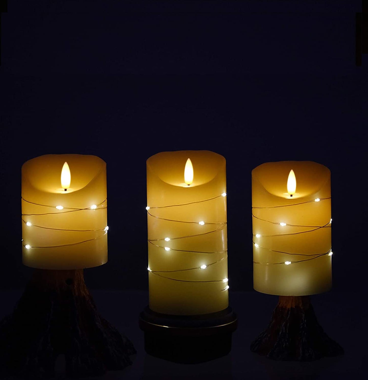 flameless Candle, with Embedded Fairy String Lights, 3-Piece LED Candle, with 10-Key Remote Control, 24-Hour Timer Function, Dancing Flame, Real Wax, Battery-Powered. (Ivory White) 3 X3String Lights