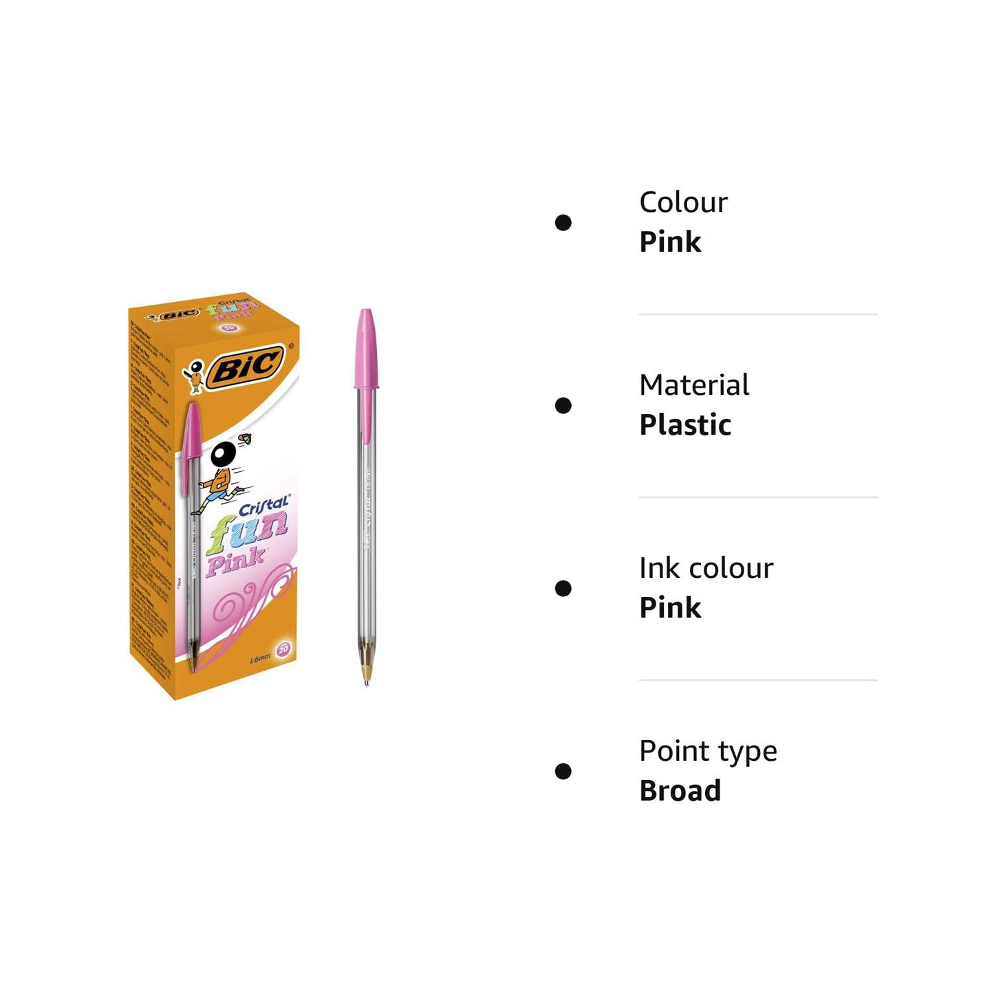 BIC Cristal Fun Ballpoint Pens, Pink Ink Smudge-Proof Writing Pens and Wide Point (1.6mm), Pack of 20