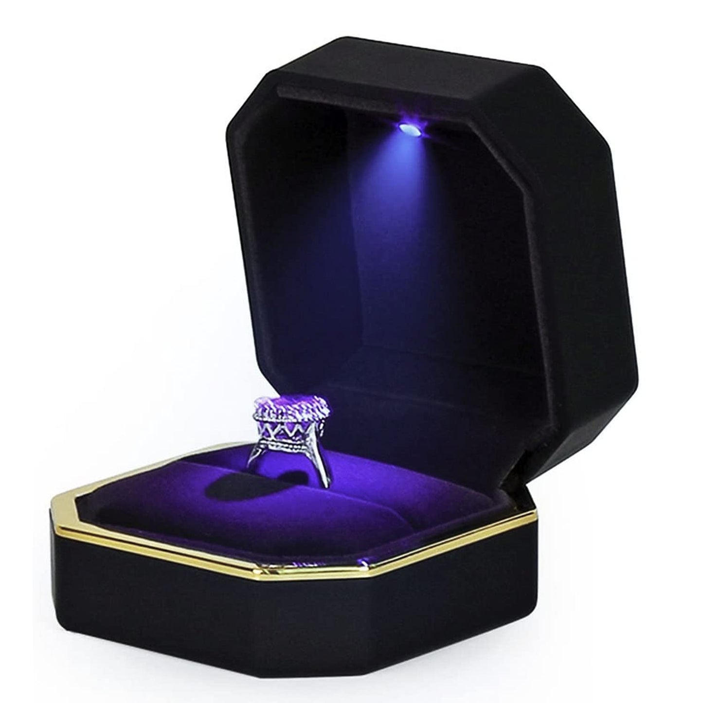 AVESON Luxury Ring Box, Square Velvet Wedding Ring Case Jewelry Gift Box with LED Light for Proposal Engagement Wedding, Black