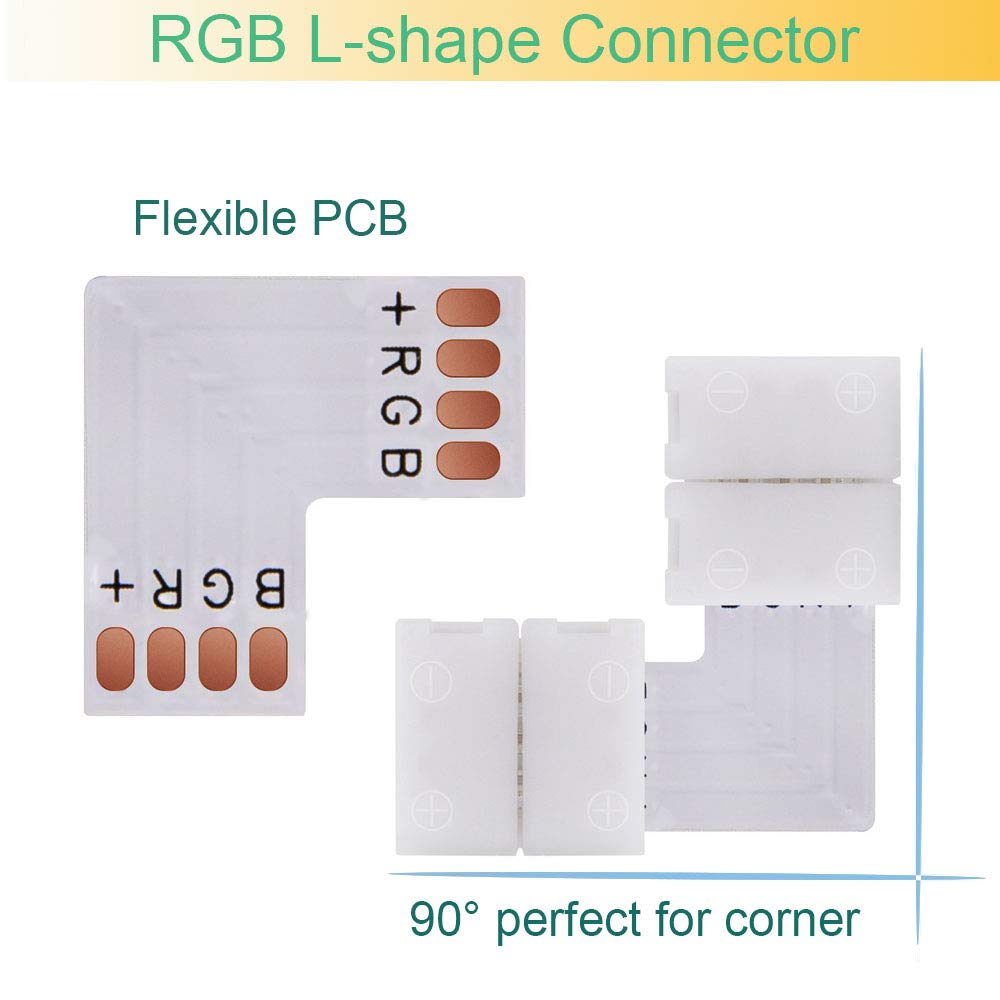 FSJEE 10mm 4pin 5050 RGB LED Strip Solderless Connector Kit- Includes 6.6FT Extension Cable,2 Way Splitter,L and T Shape connectors