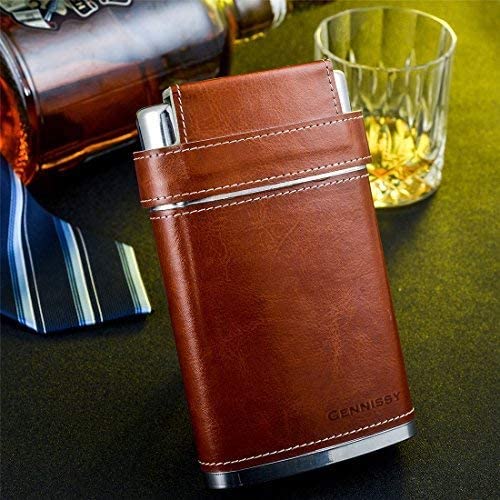 GENNISSY 8oz Hip Flask with Funnel - Stainless Steel with Leather Wrapped Cover and 100% Leak Proof Brown