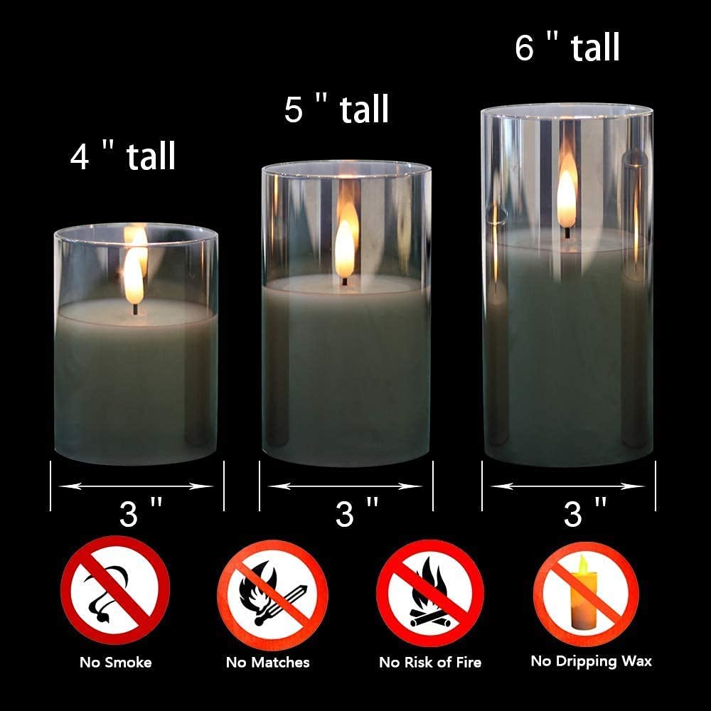 Eldnacele Gray Glass Flameless Candles Flickering with Remote, Battery Operated Warm Light LED Candles with Timer, Set of 3(D3'' x H4''/5''/6'') for Party Wedding Christmas Decoration 3d Wick-gray