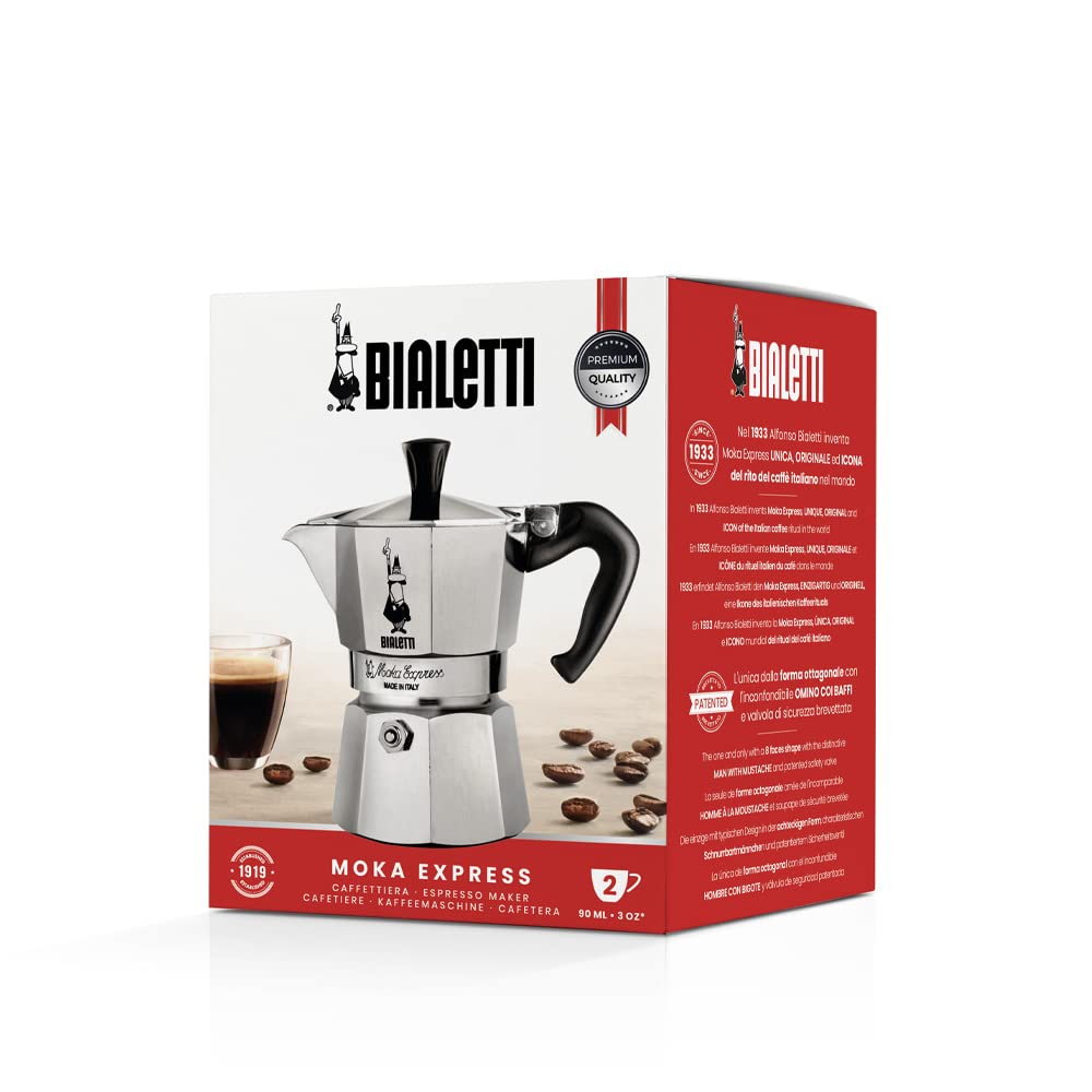 Bialetti Moka Express Aluminium Stovetop Coffee Maker (2 Cup), 8x11x11 cm, Silver 2 Cups