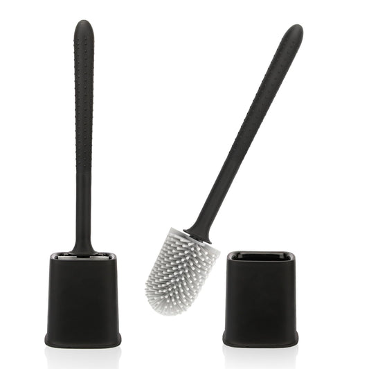 Canvint Toilet Brush, 2 Pack Silicone Toilet Brush with Holder Set, Dead Corner Deep Cleaning Toilet Brush with Quick Drying Holder, Loo Brush with Flexible No-Slip Long Plastic Handle (Black) 2 Pcs Black