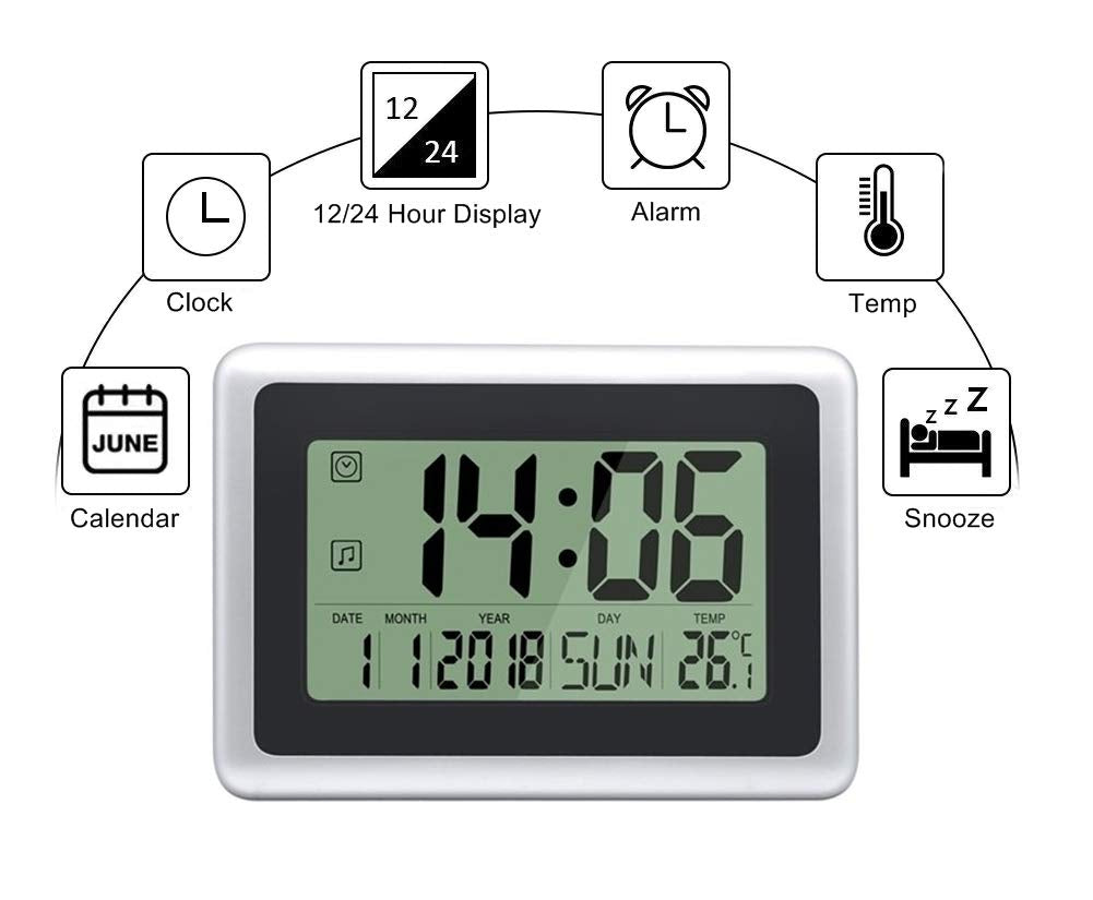 HeQiao Slim Large LCD Digital Alarm Clock Day Date Digital Calendar Day Clock Large Digital Wall Clock Silent Desk Clocks Battery Alarm Clock (Alarm Timer & Temperature Function) Black