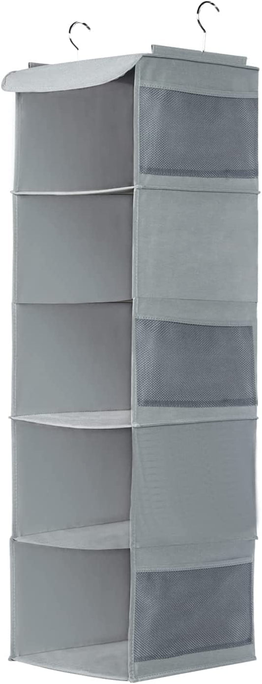 BrilliantJo Hanging Storage with 5 Shelves Wardrobe Closet Organiser, Storage Shelves Unit with 6 Pockets for Clothes - Grey(30 x 30 x 108cm) Gray