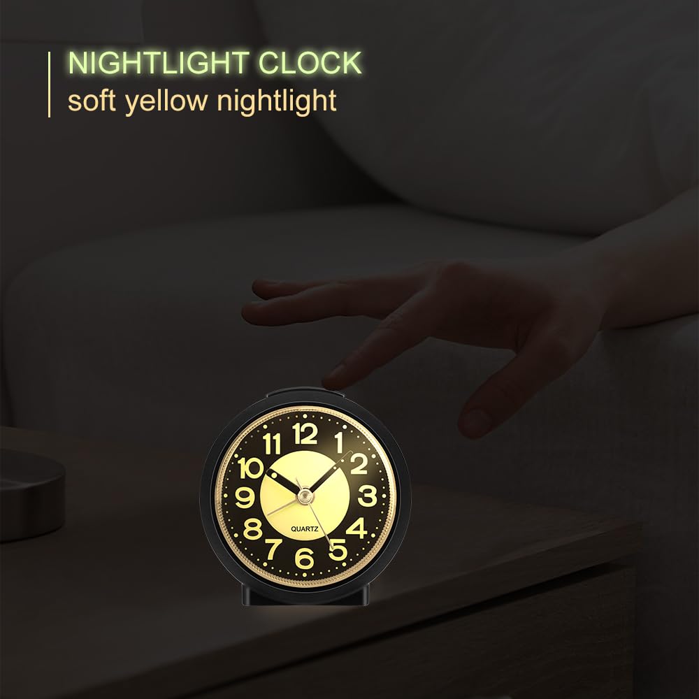 Jcobay Analogue Alarm Clock Simple Alarm Clocks Bedside Non Ticking Battery Powered Luminous Silent Clock with Snooze Light Glow in the Dark Table Clocks for Bedrooms Heavy Sleepers Desk Office Travel Black