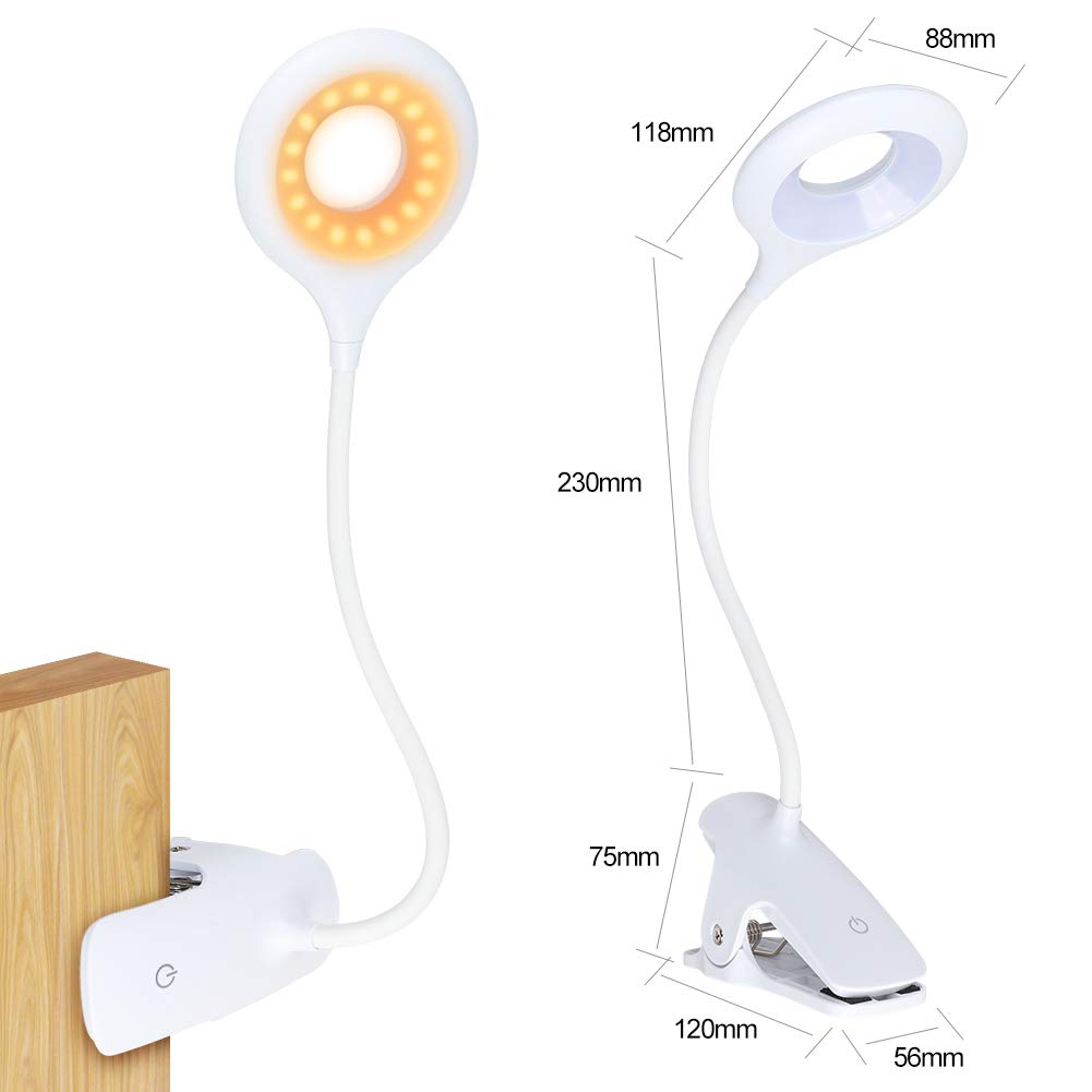 Clip On Reading Light for Bed Headboard, Rechargeable 16 LED Amber Book Light, 5 Brightness Desk Light Clamp Lamp, Touch Control Dimmable Reading Lamp with Flexible Neck, Night Light White