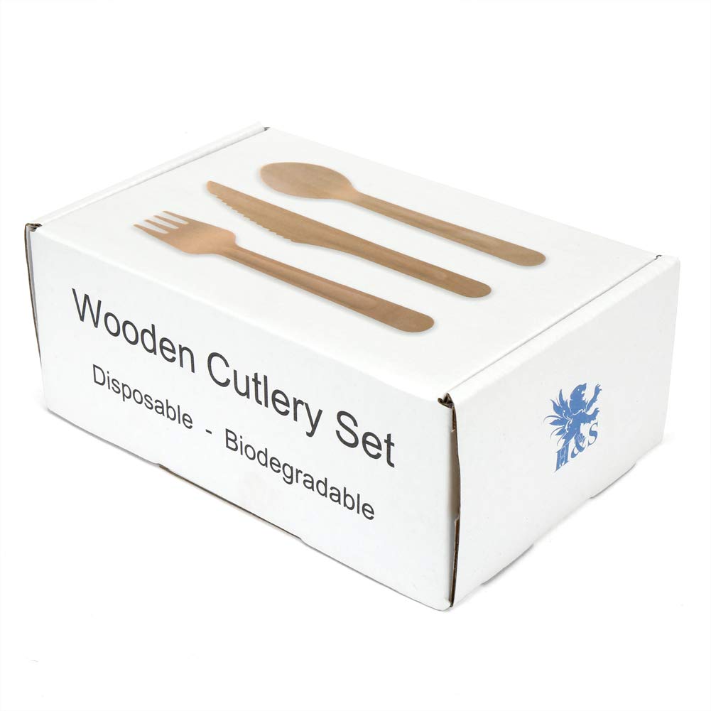 H&S 150pcs Wooden Cutlery Set Disposable Biodegradable Wood Eco Friendly for Picnic Party - 50 Forks, 50 Knives, 50 Spoons