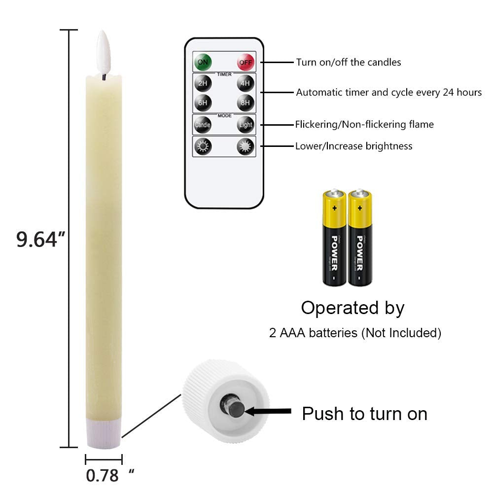 Eldnacele Flameless Ivory Taper Candles Flickering with 10-Key Remote, Battery Operated Led Warm 3D Wick Light Window Candles Real Wax Pack of 6, Christmas Home Wedding Decor(0.78 X 9.64 Inch) 3d Wick, Pack of 6, Ivory