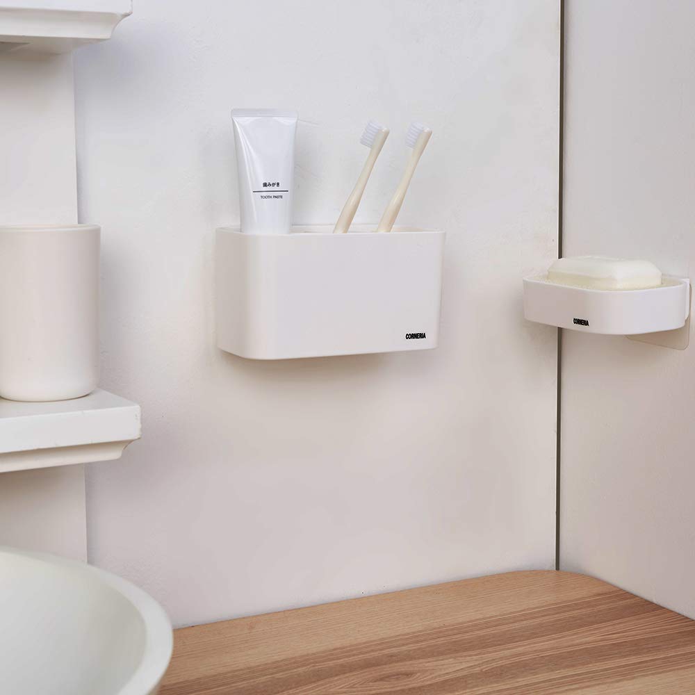 CORNERIA Toothbrush Holder - Bathroom Wall Mounted Toothbrush Caddy - Toothpaste Stand (4 Toothbrush slots + 6 Electric toothbrush heads) (White) White