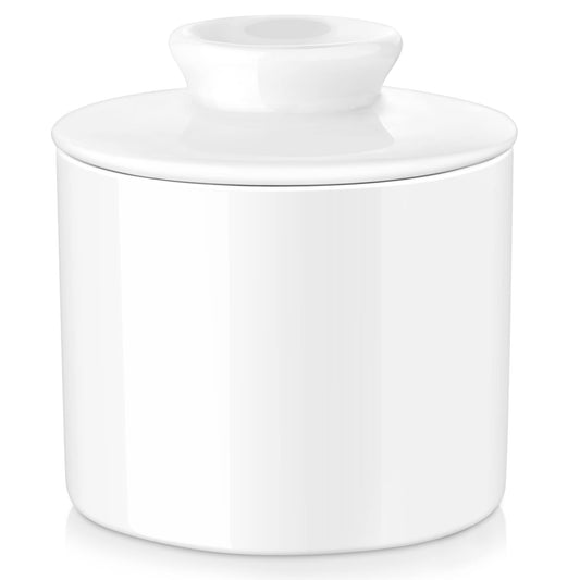 LOVECASA,Butter Keeper Crock - Porcelain French Butter Dish with Lid, Ceramic Butter Container for Soft Butter,White White Cylinder + Butter Keeper Crock