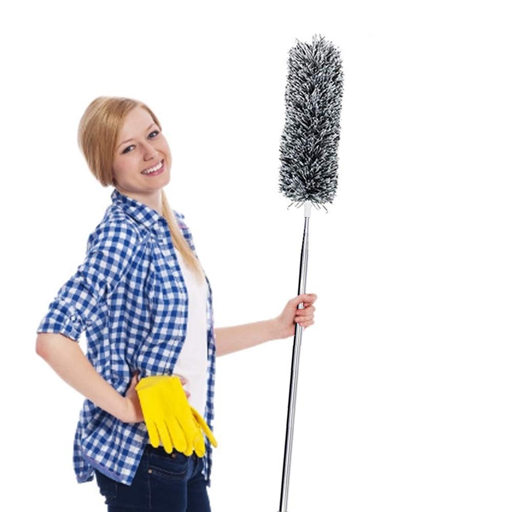 Extendable Microfiber with Extra Long 100 inches Telescopic Pole, Feather Duster with Bendable Head, Hand Duster for Cleaning High Ceiling Fans, Blinds, Cobweb, Cars