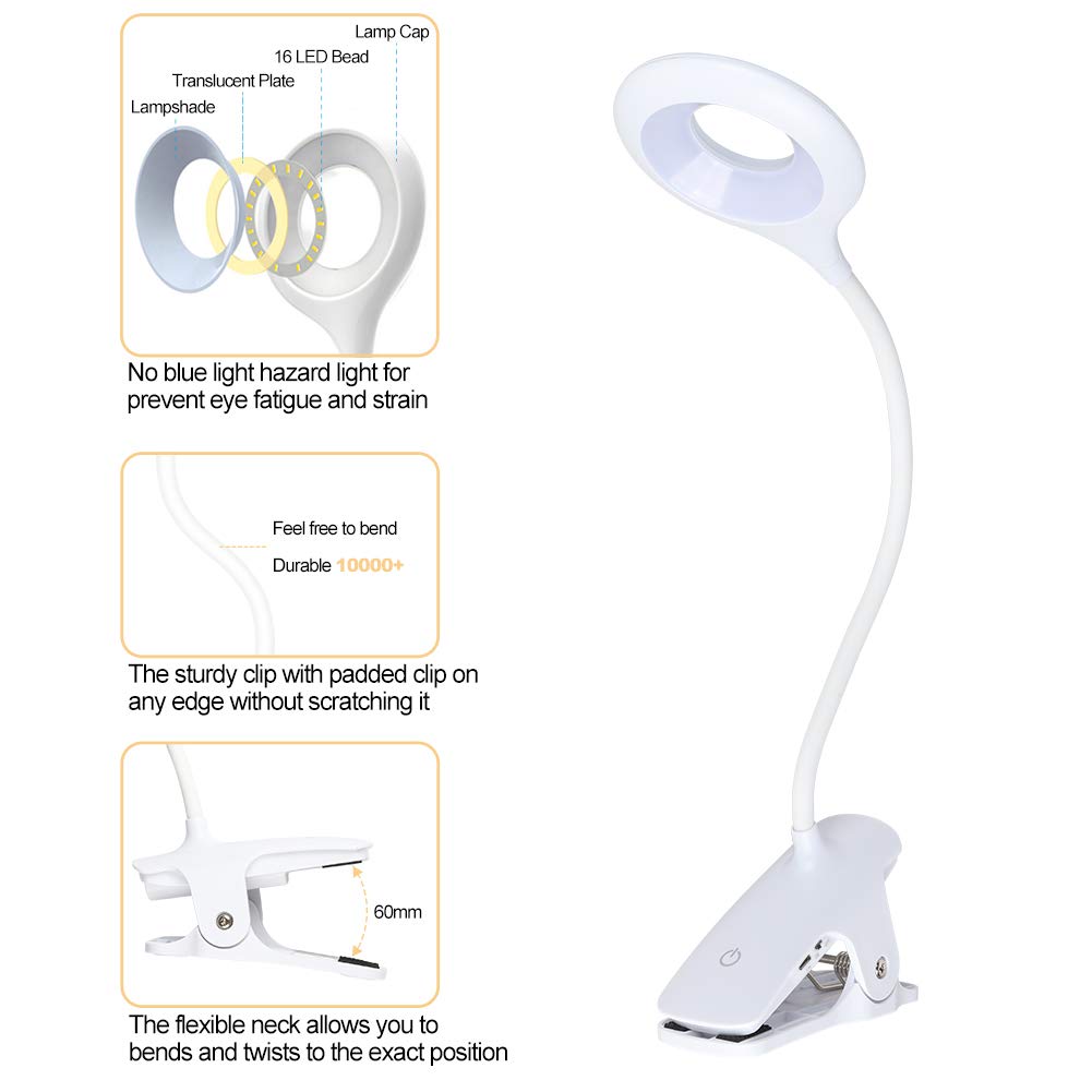 Clip On Reading Light for Bed Headboard, Rechargeable 16 LED Amber Book Light, 5 Brightness Desk Light Clamp Lamp, Touch Control Dimmable Reading Lamp with Flexible Neck, Night Light White