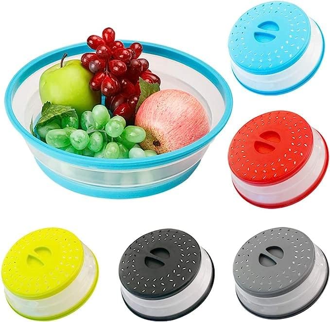 2Packs collapsiable Microwave Cover (Red+Blue) BPA Free Microwave Splatter Guard Colander Strainer for Fruit Vegetables Red+Blue