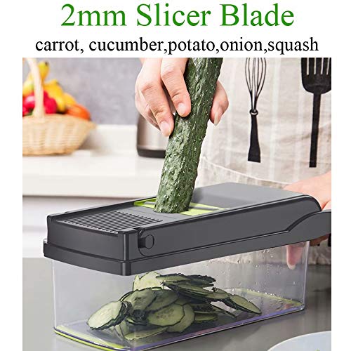 Alrens Vegetable Chopper - 12 in 1 Mandoline Slicer and Dicer with 7 Replaceable Stainless Steel Blades - Manual Cheese Slicer and Onion Chopper for Easy Cutting of Fruits and Vegetables Black