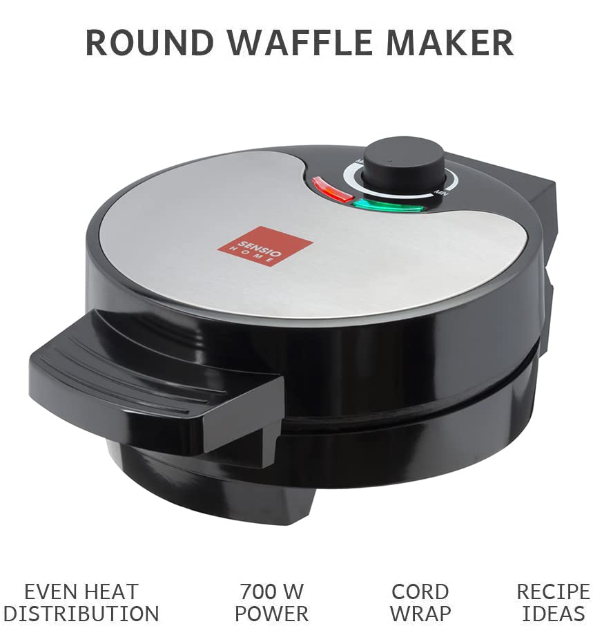 GLOBAL GOURMET – FULL SIZE American Waffle Maker Iron Machine 700W I Electric I Stainless Steel Mould I Non-Stick Coating I Recipes I Deep Cooking Plates I Adjustable Temperature Control - Black Round Waffle Maker