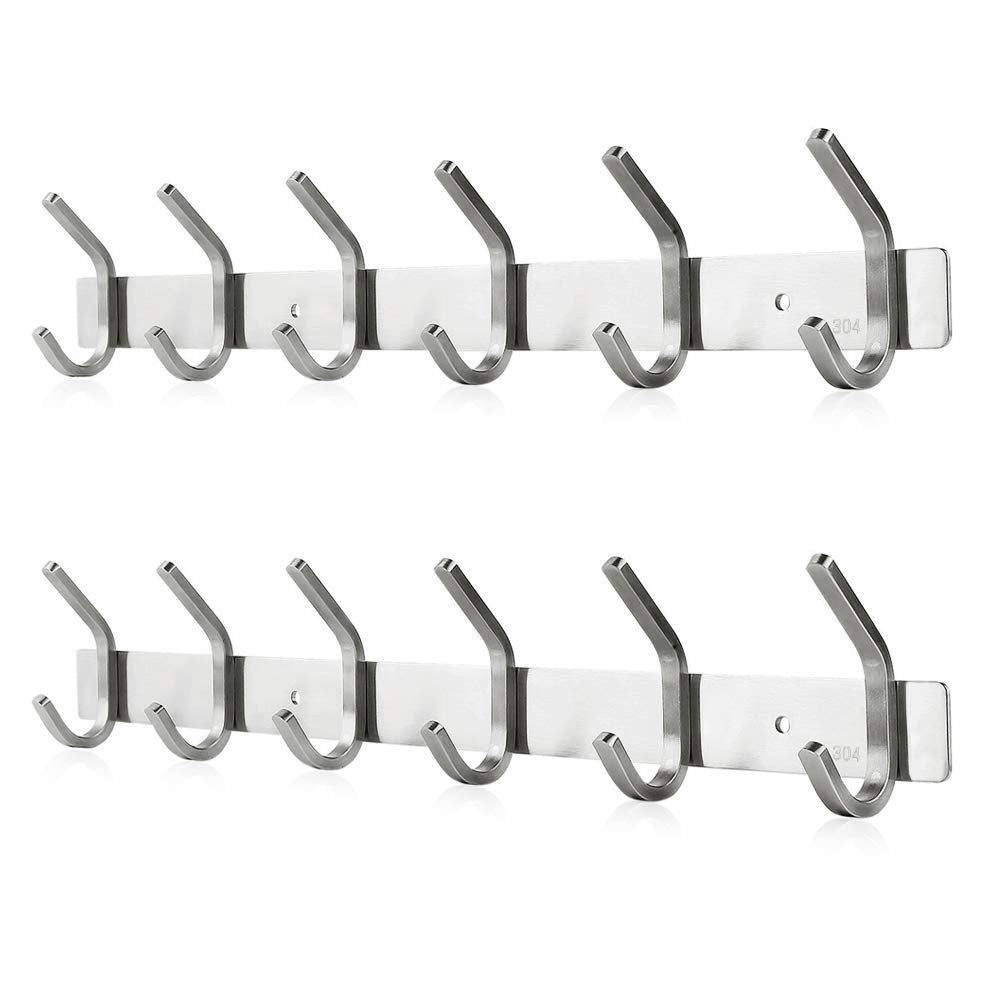 Dripex Coat Hook Rack Wall Mounted 304 Stainless Steel Hanger Heavy Duty Clothes Hat Holder (6 Hooks - 2 Pack) 6 Hooks - 2 Pack