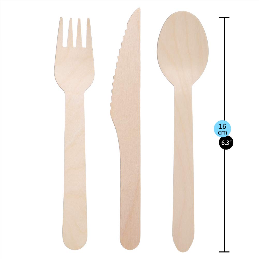 H&S 150pcs Wooden Cutlery Set Disposable Biodegradable Wood Eco Friendly for Picnic Party - 50 Forks, 50 Knives, 50 Spoons