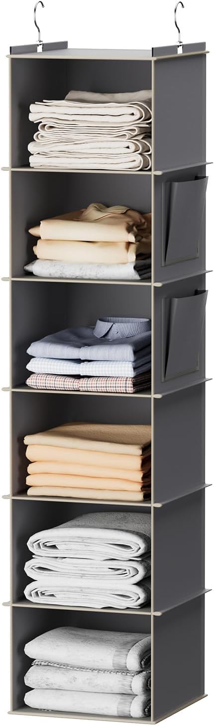 YOUDENOVA Hanging Wardrobe Organiser 6 Shelves Wardrobe Storage Hanging Shelves With Side Pockets Clothes Organiser Bedroom Storage (Gray, 6-Shelves with Velcro) Gray