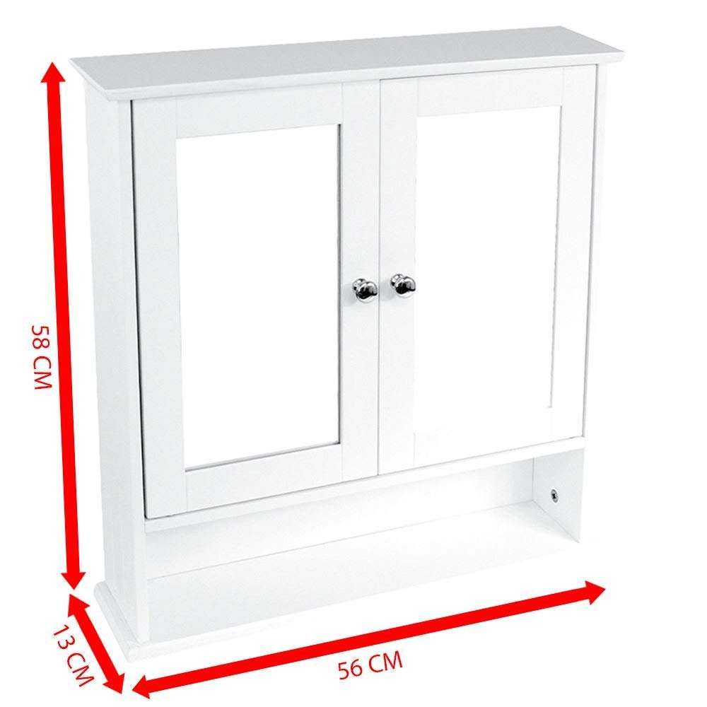 Bath Vida Bathroom Cabinet Mirrored Double Doors Wall Mounted Storage Furniture, White H 58 x W 56 x D 13 cm Approx.