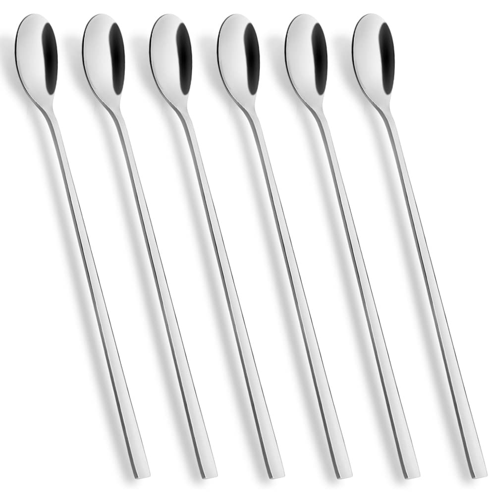 AOOSY Latte Spoons Long Handle Teaspoons Set of 6 Stainless Steel 9 inches Mixing Ice Cream Stirring Spoon Ideal for iced Coffee Iced Tea Milk Shake Ice Cream Sundeas Cool Drinking A-6 Pcs Silver Iced Tea Spoons