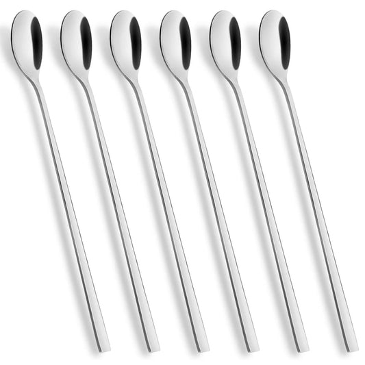 AOOSY Latte Spoons Long Handle Teaspoons Set of 6 Stainless Steel 9 inches Mixing Ice Cream Stirring Spoon Ideal for iced Coffee Iced Tea Milk Shake Ice Cream Sundeas Cool Drinking A-6 Pcs Silver Iced Tea Spoons