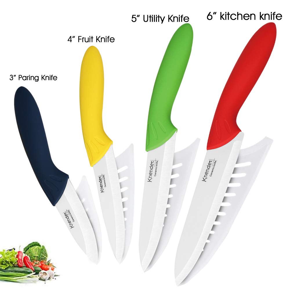 Knendet Ceramic Knife Set,4 Piece Ultra Sharp Professional Kitchen Chef Knives with Stain Resistant,Knife Set Multi-Color Handles with Sheath Covers Used for Cooking Vegetable Fruit and Bread Multi-color Knife