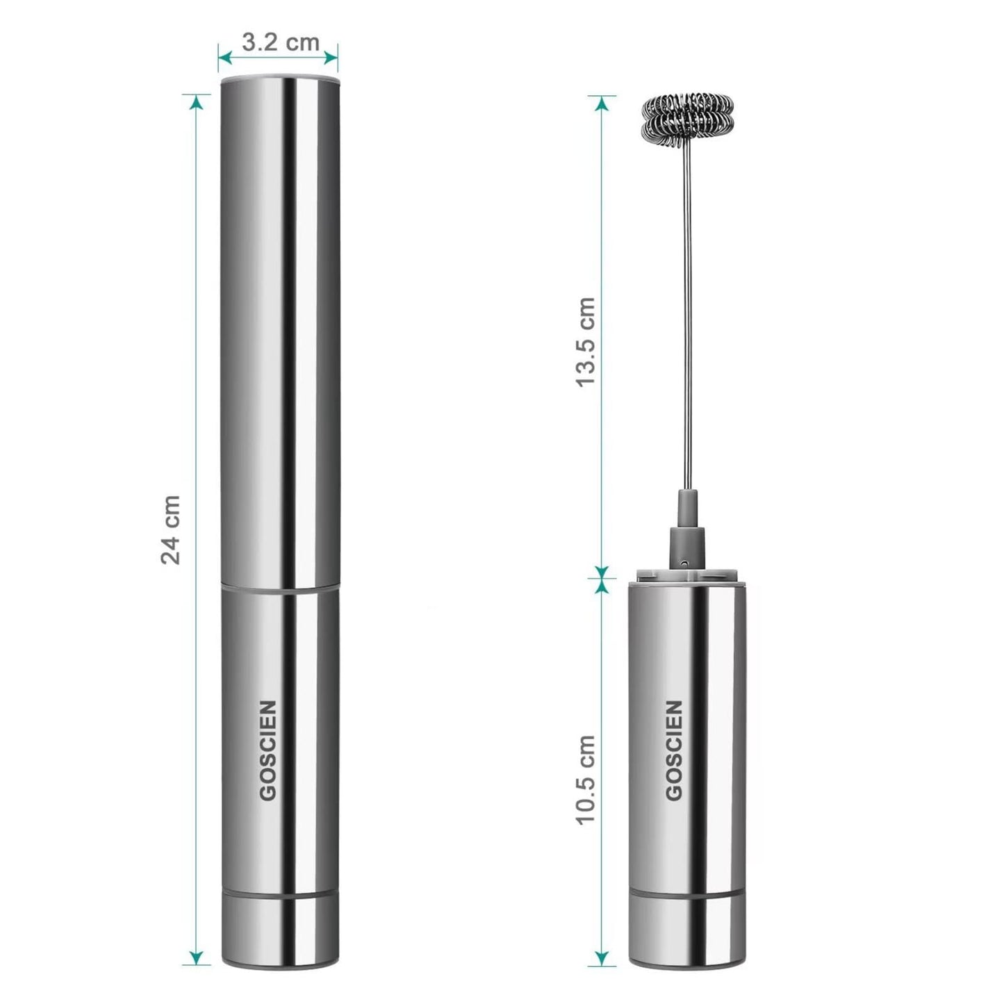 GOSCIEN 1 Milk Frother, Handheld Foam Maker, Portable Drink Mixer with 2 Whisk Head and One Storage Tube, Stainless Steel Silver