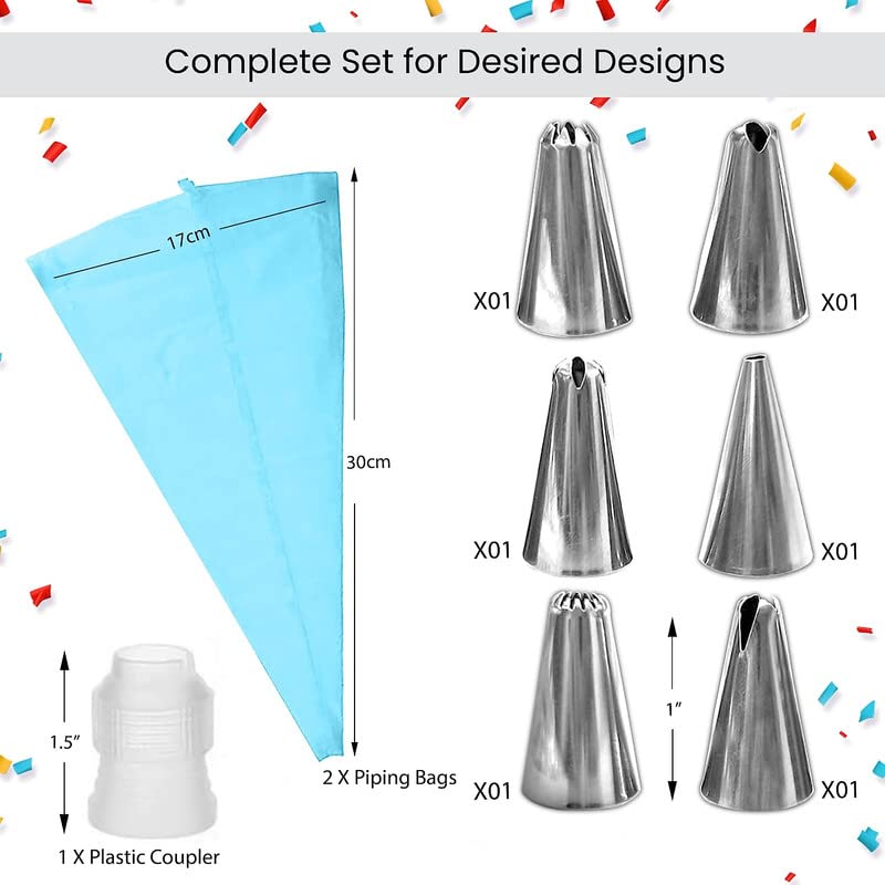 ZAHACRAFT Piping Bags and nozzles Set - 10pcs Icing Bags and Tips Set - Easter Piping Bags and Cake Decorating Supplies with 1 Brush, 1 Converter, 2 Silicone Bags, and 6 Stainless Steel Nozzles Pack of 10