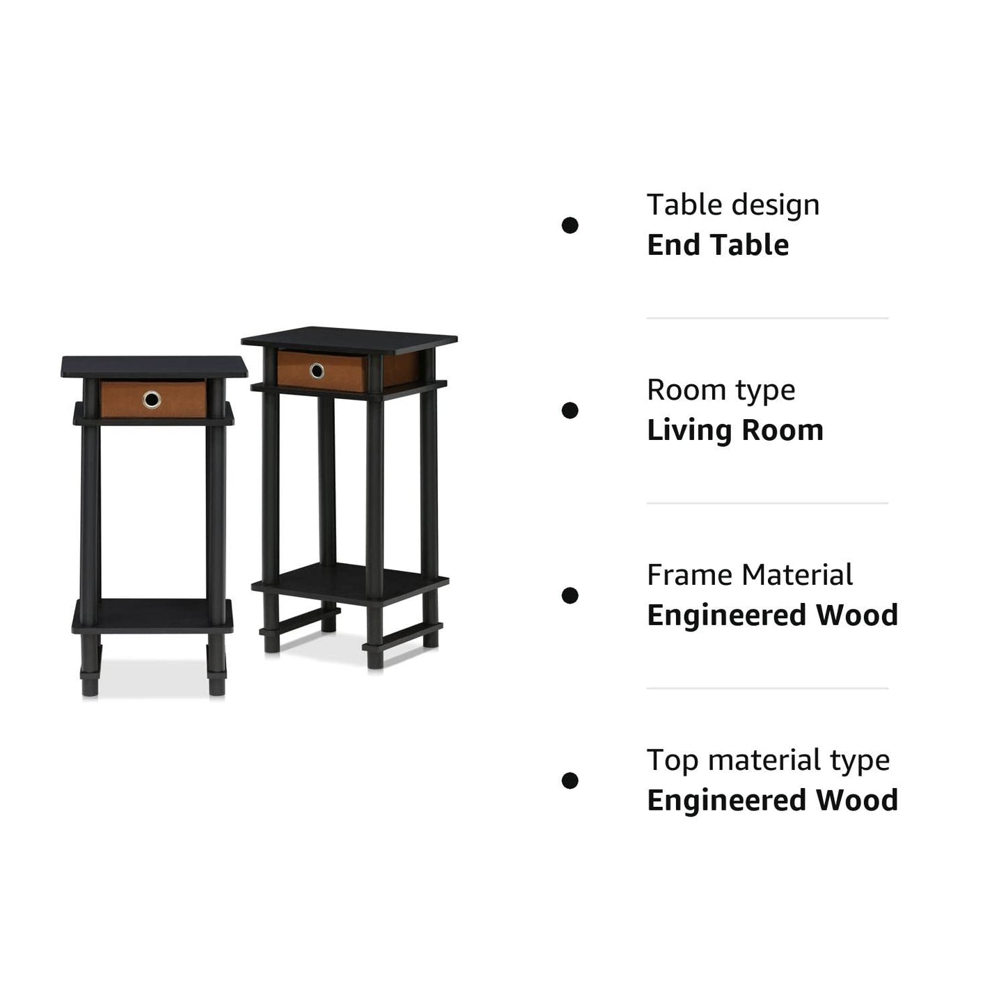 Furinno Turn-N-Tube 2-Pack Tall End Table, Side Table with Bin, Espresso/Brown