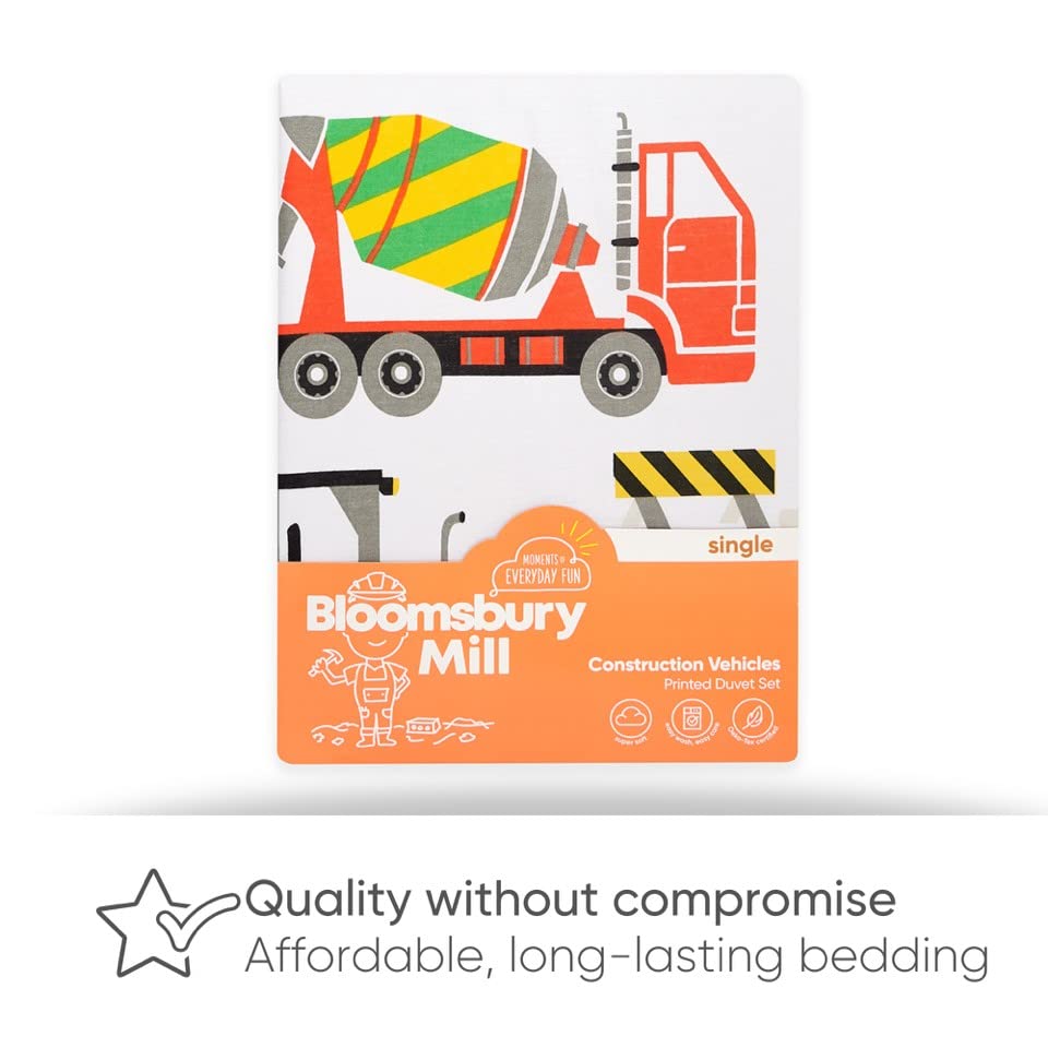 Bloomsbury Mill - Construction Vehicles - Trucks, Diggers & Cranes - Kids Bedding Set - Junior/Toddler/Cot Bed Duvet Cover & Pillowcase Cotbed Duvet Set