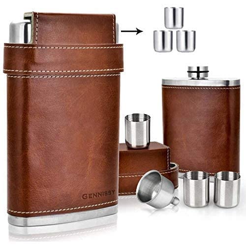 GENNISSY 8oz Hip Flask with Funnel - Stainless Steel with Leather Wrapped Cover and 100% Leak Proof Brown