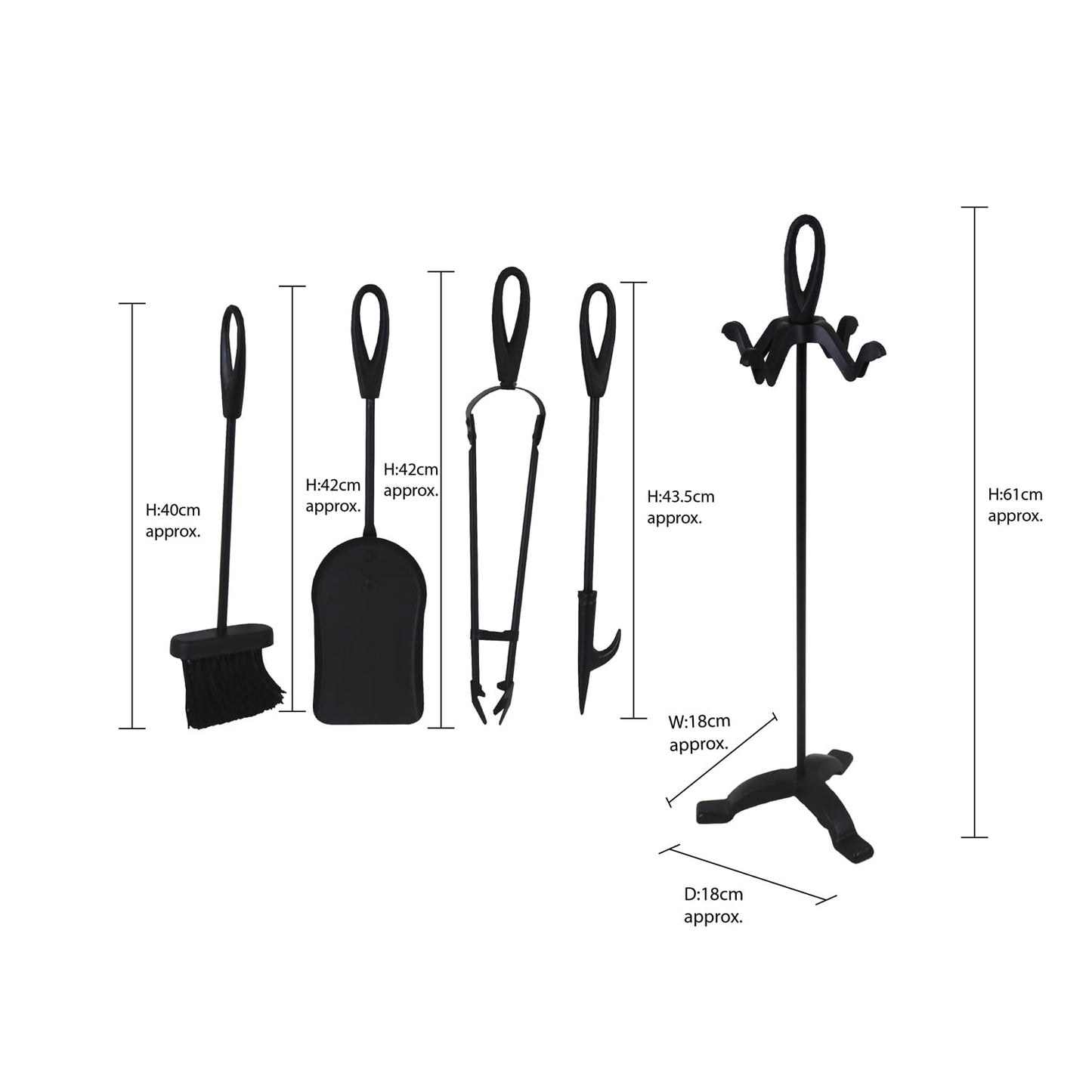 JVL Cotswold Black iron fireside fire tools 5 piece companion set