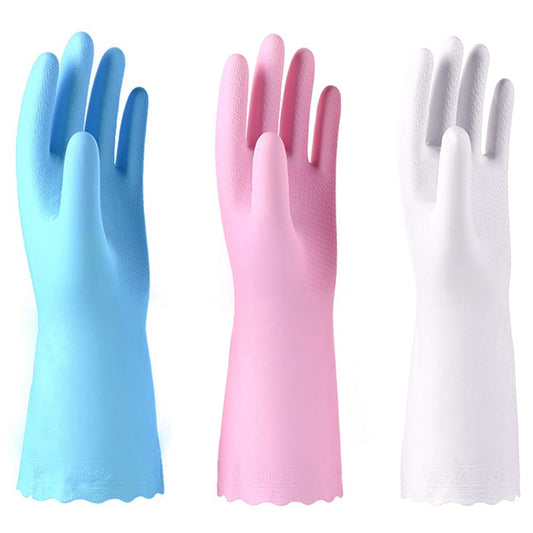 Alimat PluS 3 Pack Reusable Cleaning Gloves Latex Free - Dishwashing Gloves with Cotton Flock Liner and Embossed Palm - Waterproof Household Gloves for Laundry, Gardening (Medium) M (Pack of 3) Blue+pink+white