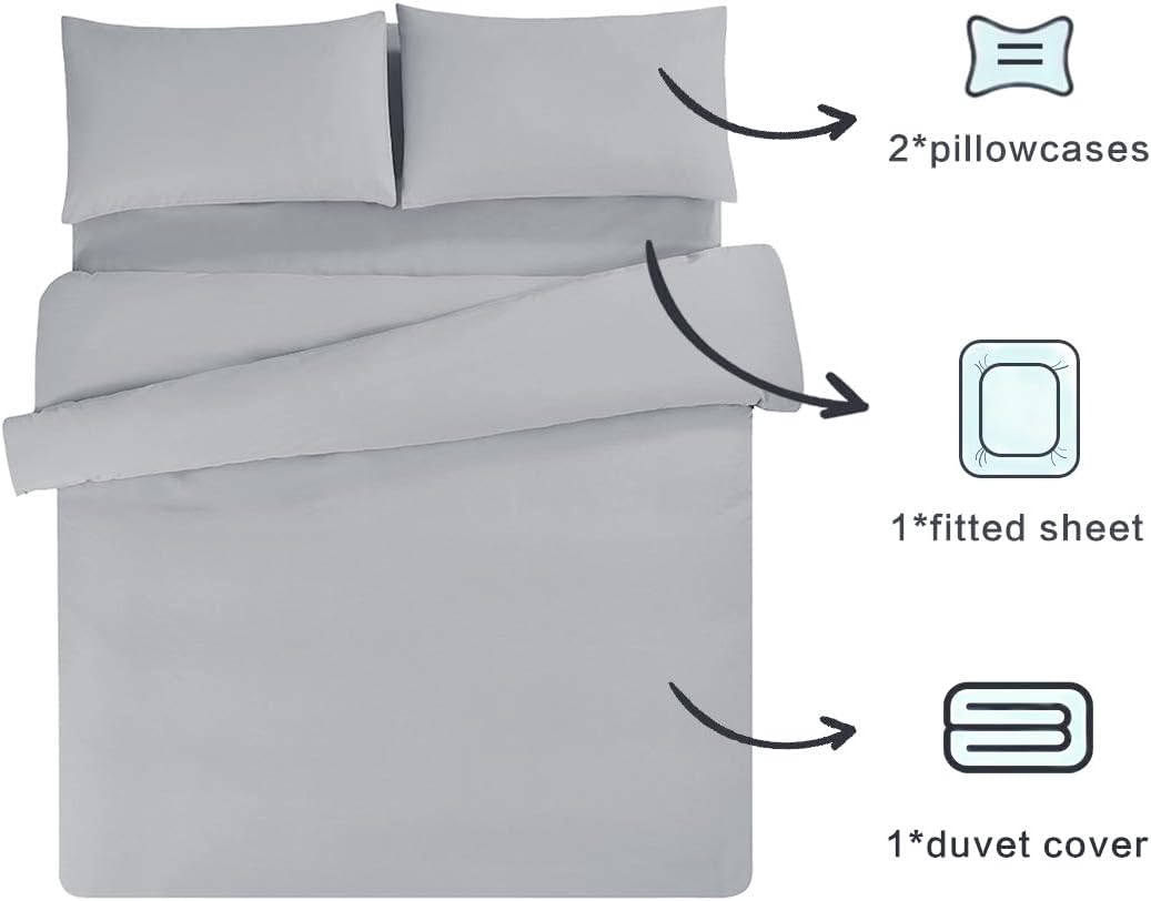 Aisbo Double Duvet Set with Sheet - Light Grey 4 Pieces Microfiber Bedding Set for Double Bed, Includes Duvet Cover, Fitted Sheet and Pillowcases